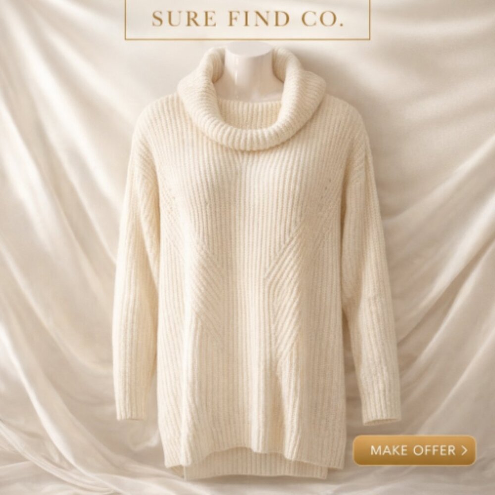 JustFab Cream White Cowel Neck Cheveron Pattern Long Sleeve Sweater Womens Small